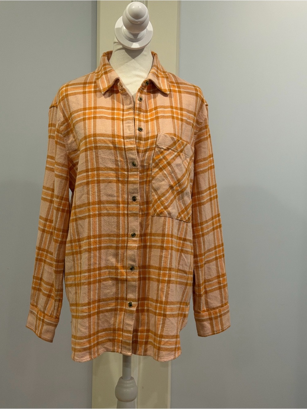 aerie Peach and Orange Plaid Button-Down Shirt